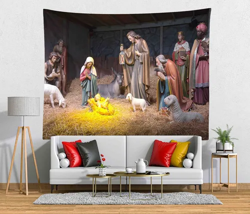 Miniatura 4 de Loccor Tapiz de Navidad Escena del Nacimiento Pesebre Escena del Nacimiento del Bebé Jesús Tapiz para Colgar en la Pared Tapestries Religiosos