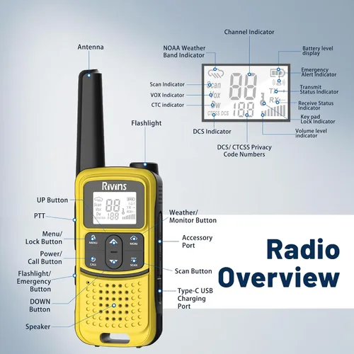 Miniatura 9 de Radios Walkie Talkies de largo alcance: Walkie Talkies recargables Rivins F22 para adultos, NOAA, batería de 1400 mAh, cable USB-C, linterna, VOX