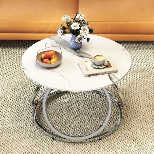 Miniatura 12 de Mesa de café plateada O&K FURNITURE, mesa de café moderna de cristal para sala de estar con marcos en forma de anillo, mesa de café de cristal