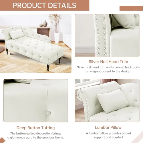 Miniatura 5 de Chaise Lounge - Silla de terciopelo para interiores con almohada, con botones copetudos, brazo derecho, con ribete de cabeza de clavos y patas Blanco