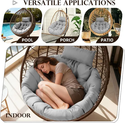 Miniatura 5 de Cojín impermeable para silla de huevo, color negro, lavable, con lazos, grueso, grande, para silla de huevo, para exteriores, con almohada