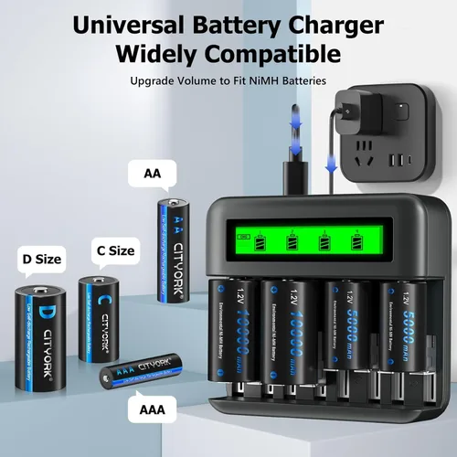 Miniatura 2 de CITYORK Baterías recargables C con cargador, paquete de 4 baterías NiMH de 5000 mAh tamaño C con cargador de batería universal LCD inteligente