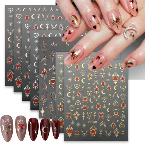 8 hojas de calcomanías doradas para arte de uñas, sol, estrella, luna bronceadora, calcomanías de uñas autoadhesivas 3D, calcomanías de uñas de