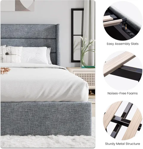 Miniatura 4 de SHA CERLIN Cama de Almacenamiento Elevable Tamaño Queen/Cabecera Moderna Tipo Wingback/Marco de Cama Plataforma Tapizada/Almacenamiento Gris azulado