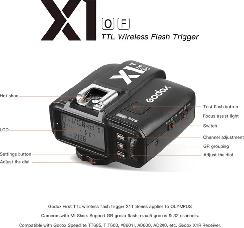 Miniatura 2 de Godox Transmisor de disparador de flash inalámbrico X1T-O TTL para Olympus Panasonic, compatible con función HSS 1/8000s 5 grupos 32 canales