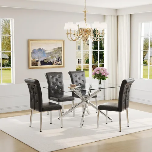 Miniatura 34 de Juego de mesa de comedor moderna para mesa de comedor negra de 4,63 pulgadas, juego de 4 con patas de metal dorado, mesa de cocina rectangular