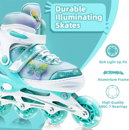 Miniatura 3 de Patines en línea para niñas de 3 a 12 años, 4 tamaños, zapatos de ruedas ajustables con ruedas iluminadas para principiantes, jóvenes, patines Verde