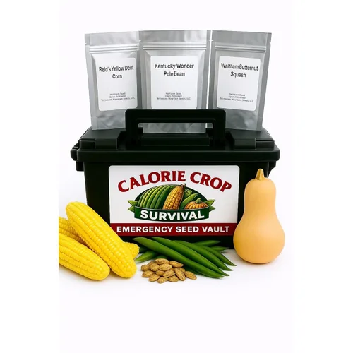 Bóveda de semillas de emergencia de supervivencia de cultivos de calorías - Semillas de maíz, frijoles y calabaza de reliquia - Cultiva calorías de