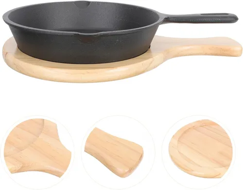 Miniatura 5 de Sartén antiadherente de hierro fundido grueso con mango y tabla de madera, sartén de cocina para el hogar para huevos, panqueques, pizza y carne