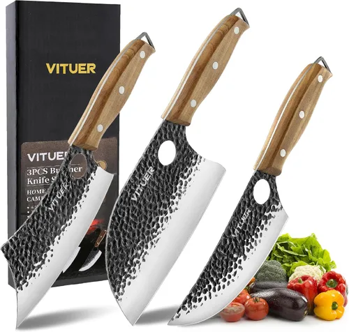Juego de 3 cuchillos de carnicero forjado a mano de 7 pulgadas, chef serbio de 7 pulgadas y cuchillo vikingo de 6.5 pulgadas, ideal para interiores