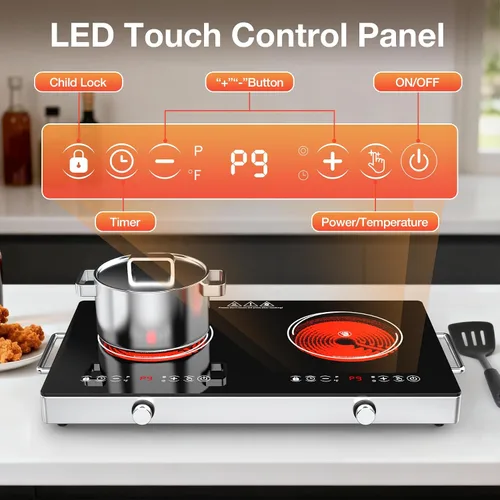 Miniatura 4 de Placa de Cocción Eléctrica de 2 Quemadores - Placa de Cocina Eléctrica de 12 Pulgadas con Enchufe, Quemadores de Encimera de 2100W y Placa de Cocina