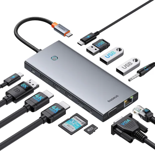 Baseus - Estación de acoplamiento para laptop, estación de acoplamiento USB C 13 en 1 con 2 HDMI 4K@60Hz, DP 4K a 120Hz, VGA, transferencia de datos