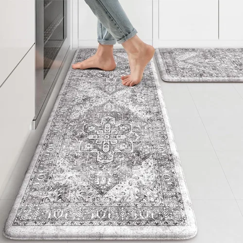 Miniatura 64 de KIMODE Alfombra de Cocina Antifatiga 2 Piezas, Alfombras de Cocina Antideslizantes e Impermeables, Alfombra de Cocina de Estilo Rústico en Gris