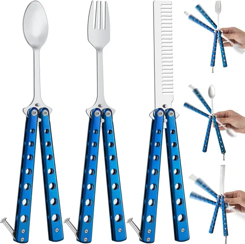 Miniatura 10 de Eaasty Juego de 3 piezas de peine de mariposa, tenedor y cuchara, cuchara plegable táctica de acero inoxidable para camping, caza, viajes al aire