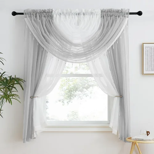 Miniatura 24 de NICETOWN - Cortinas transparentes elegantes de gasa para sala de estar/guardería, cortinas victorianas con bolsillo para barra, gris claro y blanco