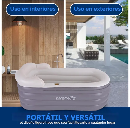 Miniatura 6 de SereneLife Bañera de spa con alfombrilla de masaje de burbujas – Bañera inflable con almohada, portavasos, control remoto para iluminación LED