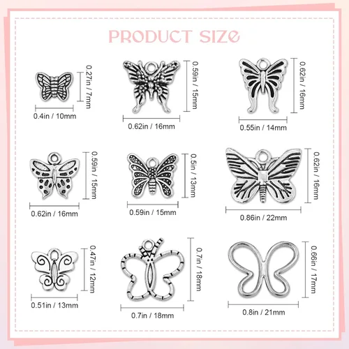 Miniatura 2 de JIALEEY Dijes de mariposa para hacer joyas y manualidades, 60 dijes de mariposa chapados en plata tibetana, aleación, Aleación.