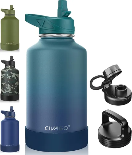 Miniatura 58 de CIVAGO Botella de agua aislada de 22 onzas con pajita, frasco de agua deportiva de acero inoxidable con 3 tapas