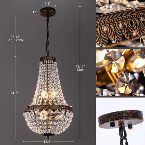 Miniatura 3 de Wellmet Candelabro de cristal de imperio francés de 13 pulgadas, lámpara colgante de techo ajustable de bronce antiguo para comedor, sala de estar