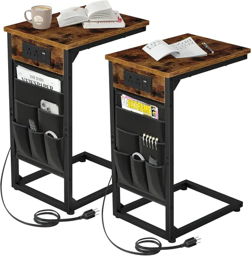 Miniatura 13 de AMHANCIBLE - Mesa auxiliar en forma de C con estación de carga, juego de bandeja para TV de 2 piezas, mesas de sofá con bolsa de almacenamiento