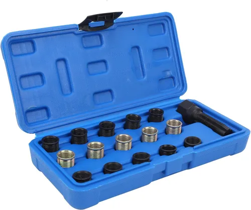Miniatura 9 de Kit de reparación de roscas de bujía, herramienta de reparación de roscas de bujía M14x1.25, kit de reenhebrado portátil de acero al carbono