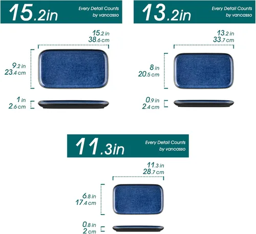 Miniatura 2 de vancasso Stern Platos de servicio de 3 piezas, juego de 3 platos rectangulares de 15/13/11 pulgadas, bandejas azules para entretener, fiesta