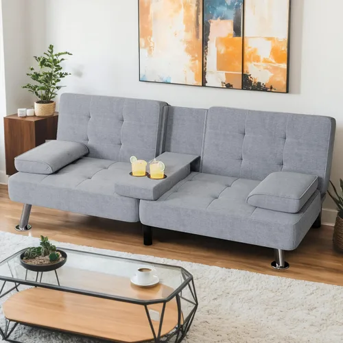 Miniatura 11 de Shahoo - Sofá moderno tapizado, futón convertible plegable con reposabrazos removibles, patas de metal, 2 portavasos para sala de estar, beige