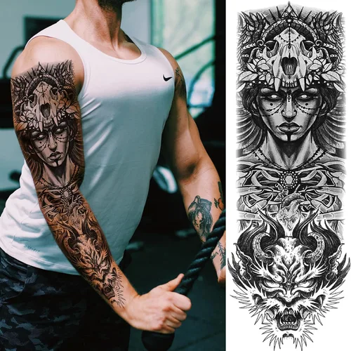 Miniatura 2 de Mangas temporales de tatuaje de bosque, brazo completo, lobo grande, león, animal, bosque, tribal, tatuajes falsos para hombres, mujeres y adultos