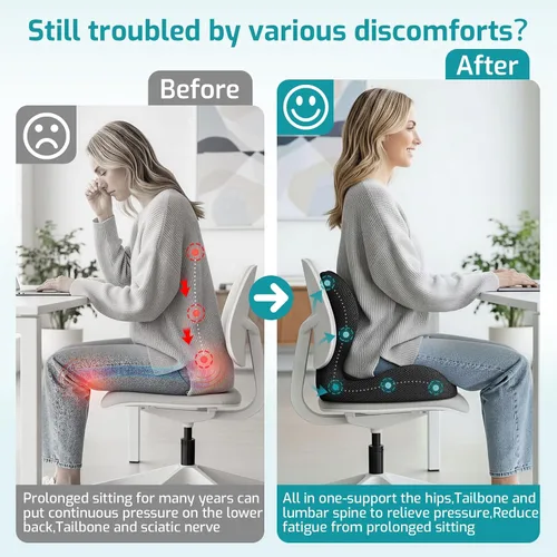 Miniatura 4 de Cojín de asiento, cojín para silla de oficina con almohada de apoyo lumbar, diseño ergonómico para sentarse prolongadamente, ciática, alivio
