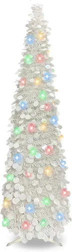 BTU - Árbol de Navidad artificial plegable, 5 pies, 90 luces LED, escarcha, delgado, para el hogar, festividades, chimenea, fiestas, decoración