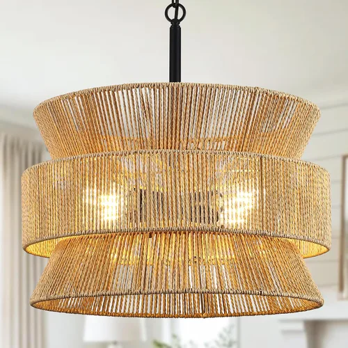 Miniatura 11 de Lámpara de araña tejida a mano con 5 luces, estilo bohemio, de tambor de ratán, de 19.68 pulgadas, grande, redonda, rústica, costera, para casa