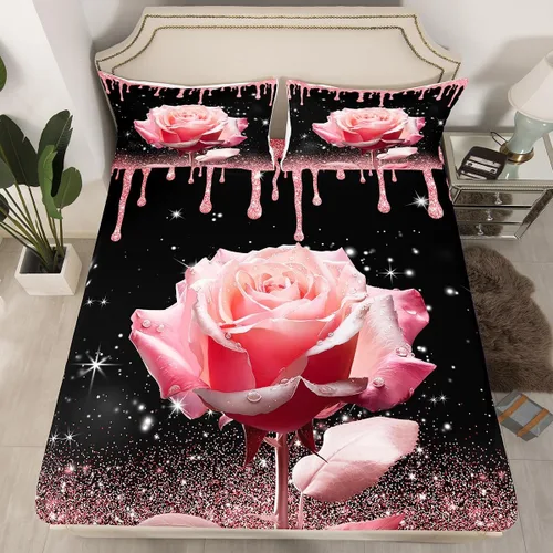 Miniatura 4 de Manfei Juego de sábanas de rosas rosas 3D tamaño individual, juego de ropa de cama brillante con purpurina rosa para decoración de habitación