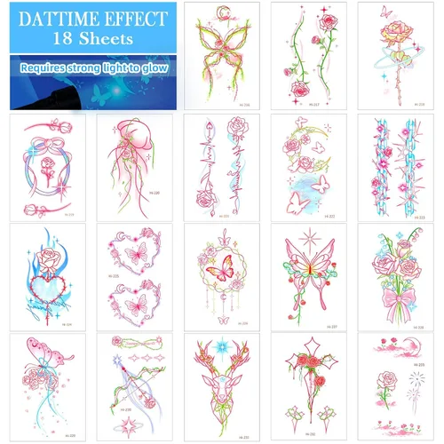 Miniatura 2 de Konsait 18 hojas de tatuajes temporales que brillan en la oscuridad para mujeres y niñas, tatuajes de luz azul y negra, tatuaje de flores