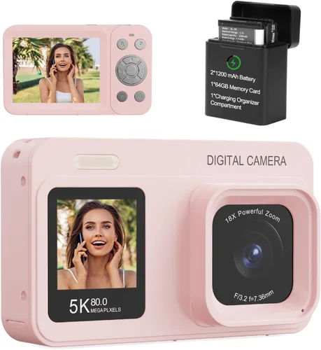 Miniatura 10 de Cámara digital de doble pantalla 5K mejorada, cámara de fotografía de vlog de 80 MP para YouTube, campus, viajes, cámara compacta de apuntar y Negro