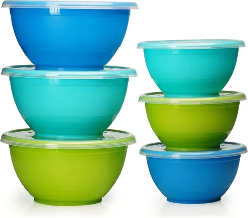 Stephanie Imports Juego de 6 cuencos de plástico hechos en Estados Unidos con tapas transparentes (sin BPA y aptos para lavavajillas), color azul,
