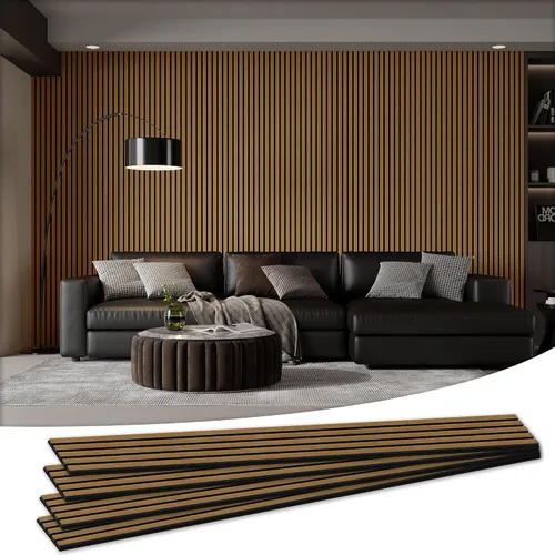 Miniatura 17 de Paquete de 4 paneles acústicos de pared de 105.9" x 12.6" x 0.8" que absorben sonido, paneles de pared de listones de madera para decoración de Teca