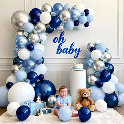Miniatura 7 de Kit de arco de globos azules, blancos y plateados, guirnalda de globos azul marino oscuro perla azul claro metálico con globo blanco plateado