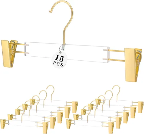 Miniatura 8 de Besser - Perchas acrílicas doradas, paquete de 20 perchas transparentes con ganchos dorados, perchas lujosas para faldas y pantalones, clips dorados