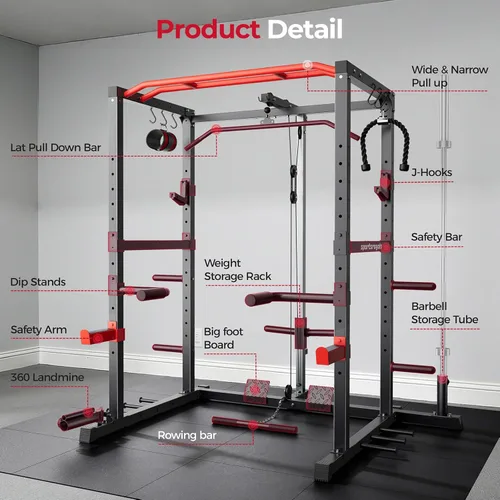 Miniatura 8 de Sportsroyals Jaula de Potencia, Rack de Potencia Multifuncional de 1600 libras con Sistema de Cruce de Cable Ajustable y Más Accesorios de Rojo