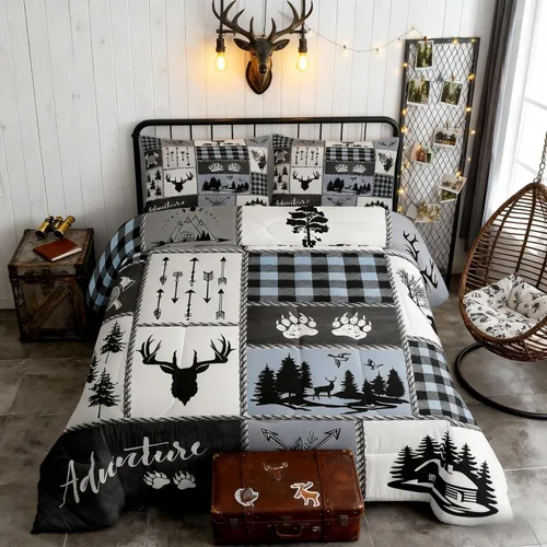 Miniatura 79 de Juego de edredón de cuernos de ciervo tamaño individual, juego de ropa de cama rústica de granja con huellas de oso y pinos para decoración