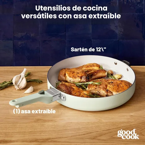 Miniatura 2 de GoodCook Sartén de cerámica con mango extraíble, compatible con inducción, antiadherente y apta para horno, 12 pulgadas, verde salvia
