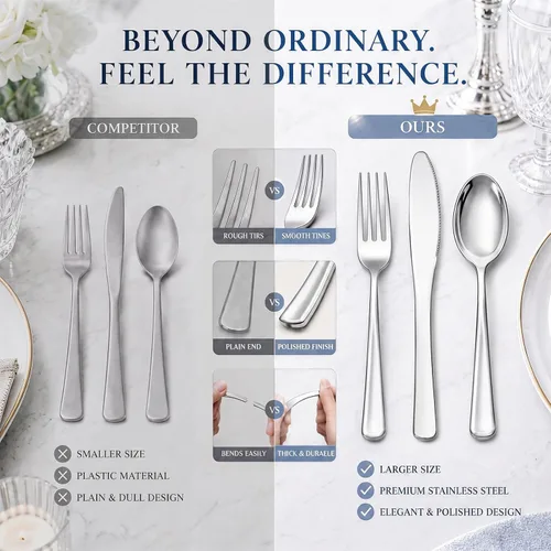 Miniatura 5 de WDF 180 cubiertos de plástico plateado – cubiertos de plástico plateado – cubiertos de plástico elegante resistente – 60 tenedores, 60 cuchillos, 60