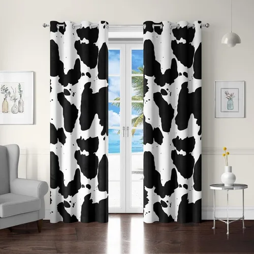 Miniatura 2 de Tritard Cortinas de oscurecimiento de habitación con estampado de vaca, 2 paneles con ojales, diseño de animales occidentales, color blanco y negro