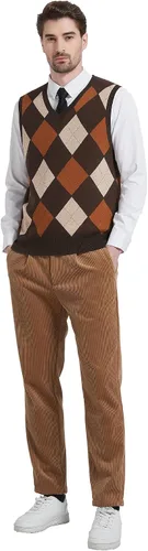 Miniatura 9 de Kallspin Suéter tipo chaleco con rombos para hombre, mezcla de lana, cuello en V, sin mangas