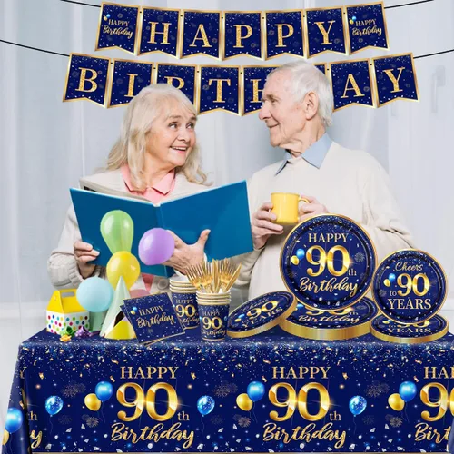 Miniatura 4 de Decoración de cumpleaños 90 para hombres - Juego de 142 piezas en azul marino y dorado (sirve para 20) Incluye pancarta de feliz cumpleaños 90