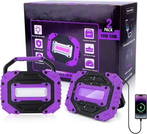 roperry Paquete de 2 Luces Negras Recargables, 5000mAh Batería Inalámbrica Portátil Magnética, Luz Negra LED Ultravioleta de 395nm, Luz de