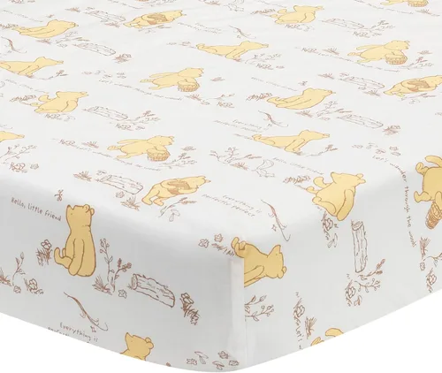 Lambs & Ivy Disney Baby Storytime Pooh - Sábana bajera ajustable para cuna, 100% algodón, color blanco