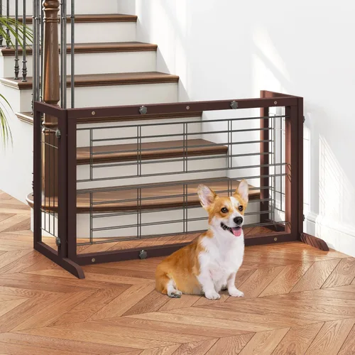 Miniatura 7 de COZIWOW Puerta para perros de 38 a 67 pulgadas, puerta independiente para mascotas, extra ancha, valla de madera para cachorros, puertas de Marrón