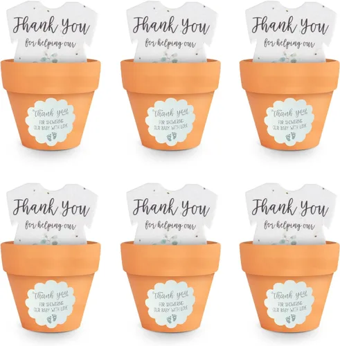 Juego de 6 semillas de papel – 6 mamelucos verdes y 6 macetas naranjas con calcomanías para baby shower, revelación de género, cumpleaños, día de la