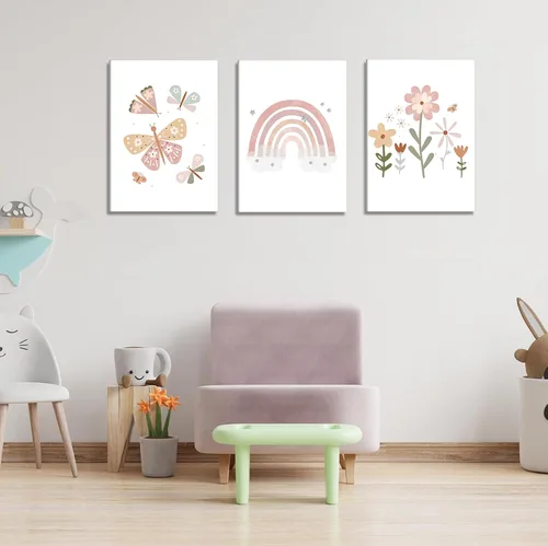 Miniatura 4 de Lienzo bohemio rosa para cuarto de bebé, arte de pared para habitación de niños, decoración de pared, diseño de flores de mariposa para niños